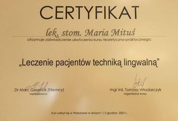 Certyfikat ukończenia kursu Leczenie Pacjentów Techniką Lingwalną