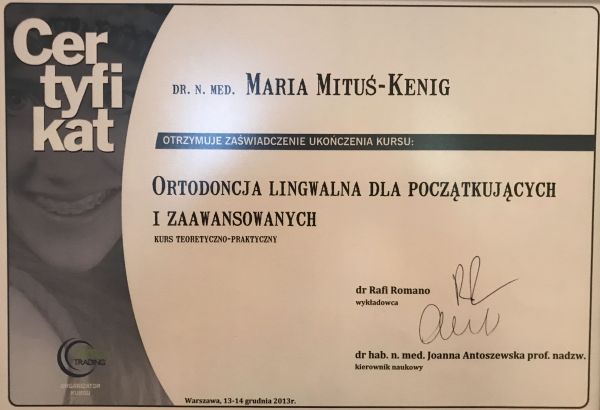 Certyfikat ukończenia kursu Ortodoncja lingwalna dla początkujących i zaawansowanych