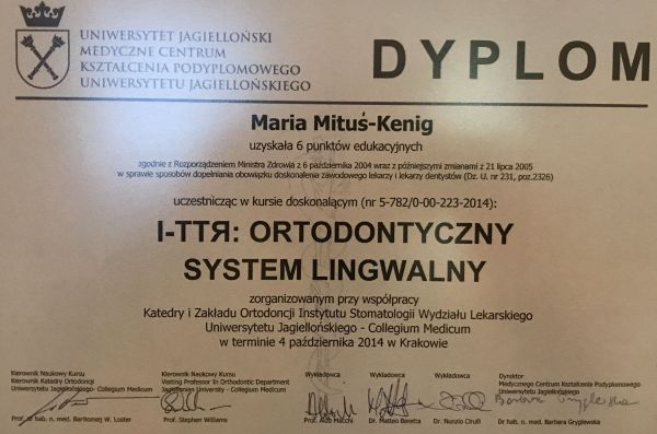 Dyplom uczestnictwa w kursie Ortodontyczny System Lingwalny