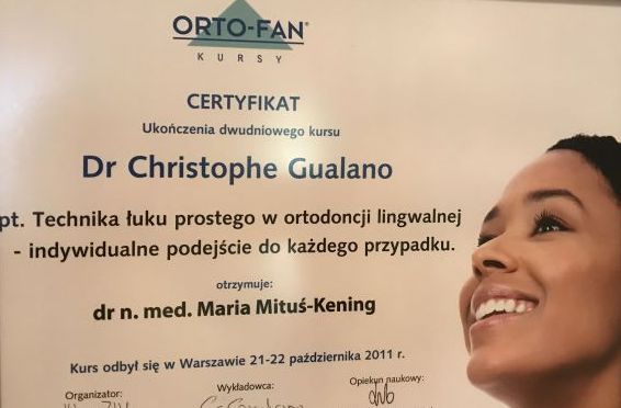 Certyfikat ukończenia kursu Technika Łuku Prostego w Ortodoncji Lingwalnej