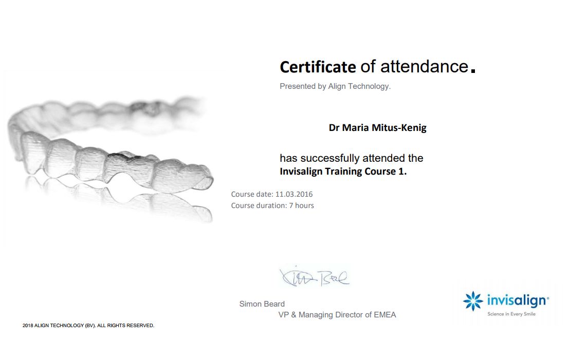 Certificate of attendance at the Invisalign Training Course 1