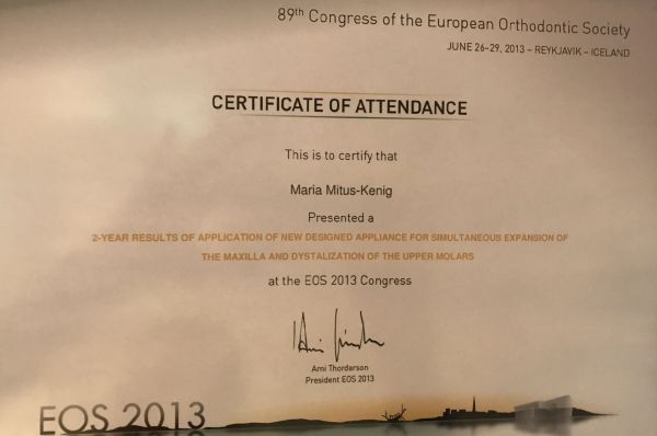 Certificate of attendance at the EOS 2013 Congress
