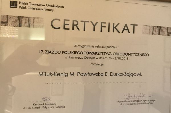 Certyfikat za wygłoszenie referatu podczas Zjazdu Polskiego Towarzystwa Ortodontycznego